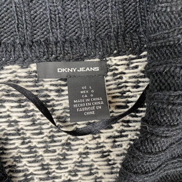 DKNY Sweater Women Large Alpaca Black White Cardigan Open Front Shawl Neck - Picture 3 of 10